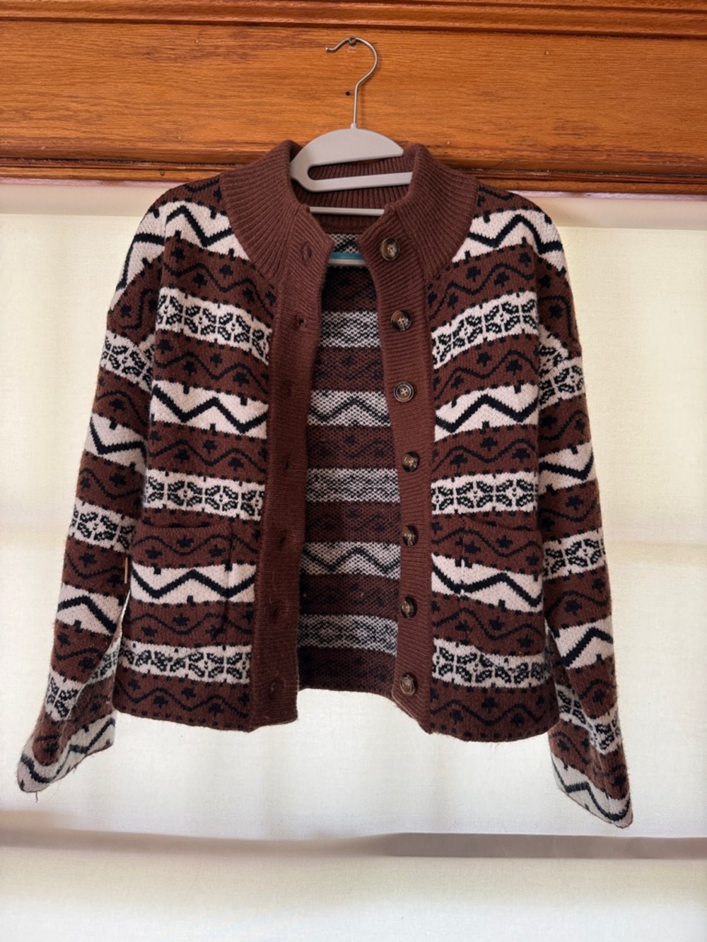 Retro Chic Brown and Cream Patterned Button-Front Cardigan